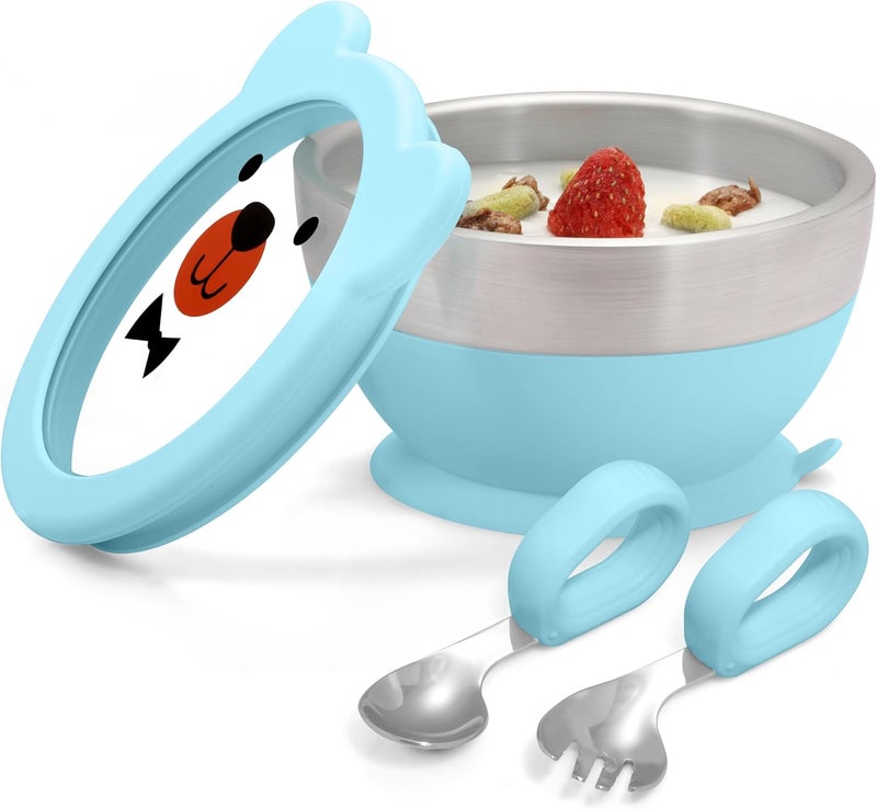 MR. CHOU Suction Baby Bowl Set with Spoon & Fork, Double-Wall 18/8 Stainless Steel Toddler Bowls with BPA Free Airtight Lids, Food Grade Infant Self-Feeding Bowl, First Stage Led Weaning Supplies Blue - Image 1